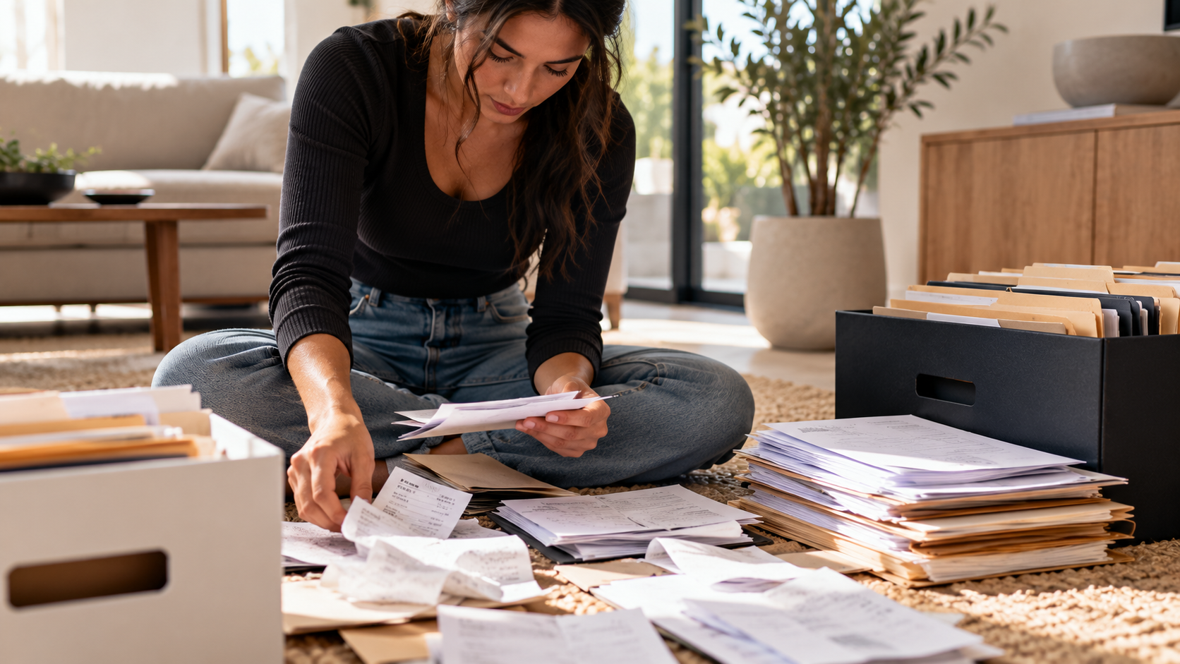 Business owner sorting receipts and paperwork beside file boxes in a home office